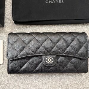 Brand New Chanel Black Quilted Wallet with Silver Logo
